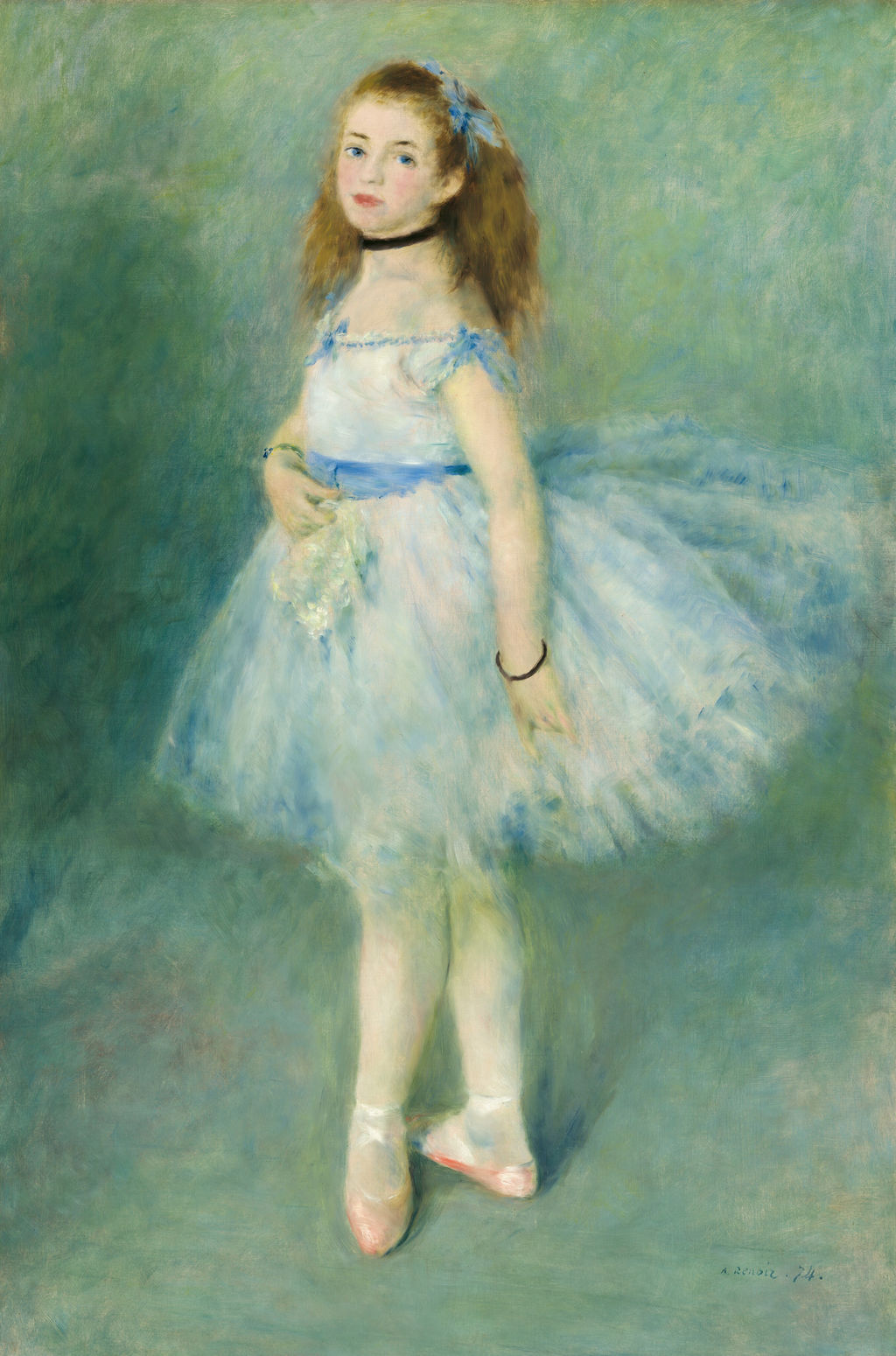 Renoir's separate 1874 Dancer in a pale blue ballet costume against a soft green setting